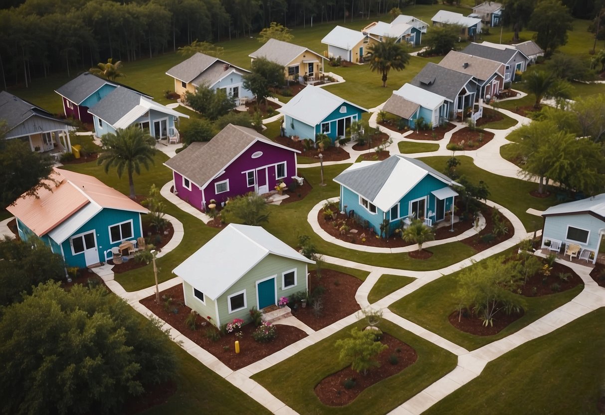 Aerial view of colorful tiny homes clustered in a community near Orlando, with winding pathways and communal spaces