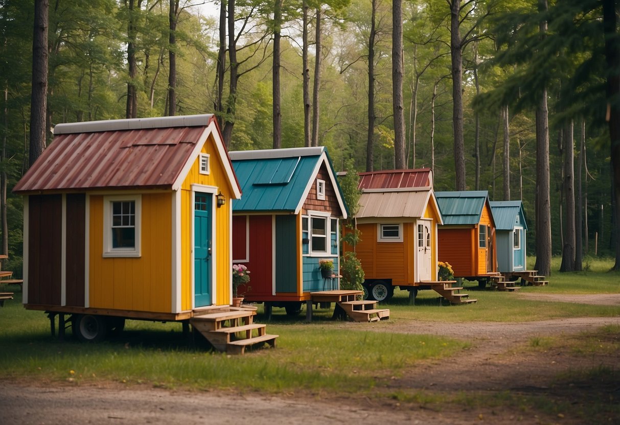 A cluster of colorful tiny homes nestled among tall trees in an Ontario, Canada community