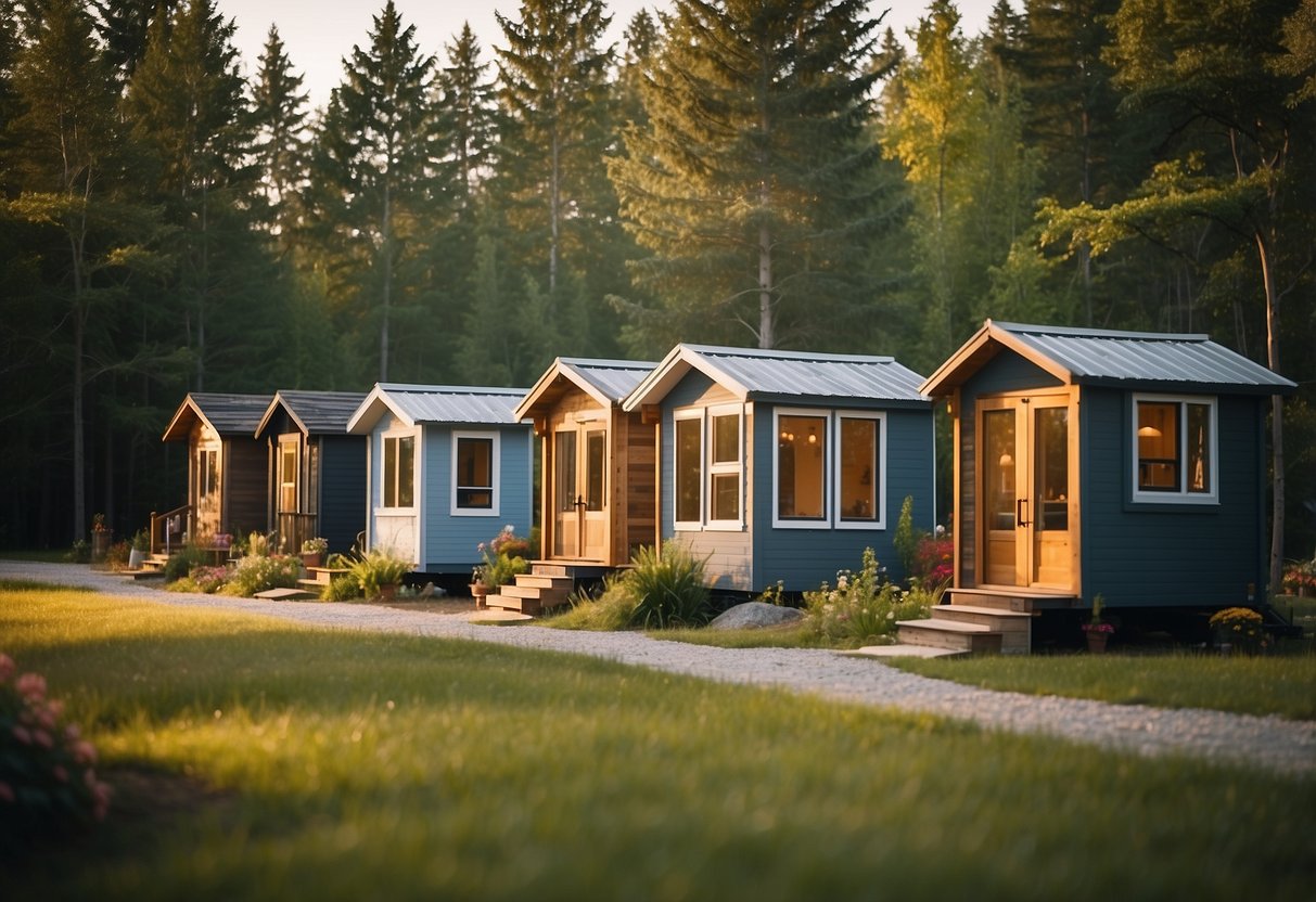 A cluster of tiny homes nestled among trees in a serene Ontario landscape, with communal spaces and gardens, capturing a sense of community and sustainability