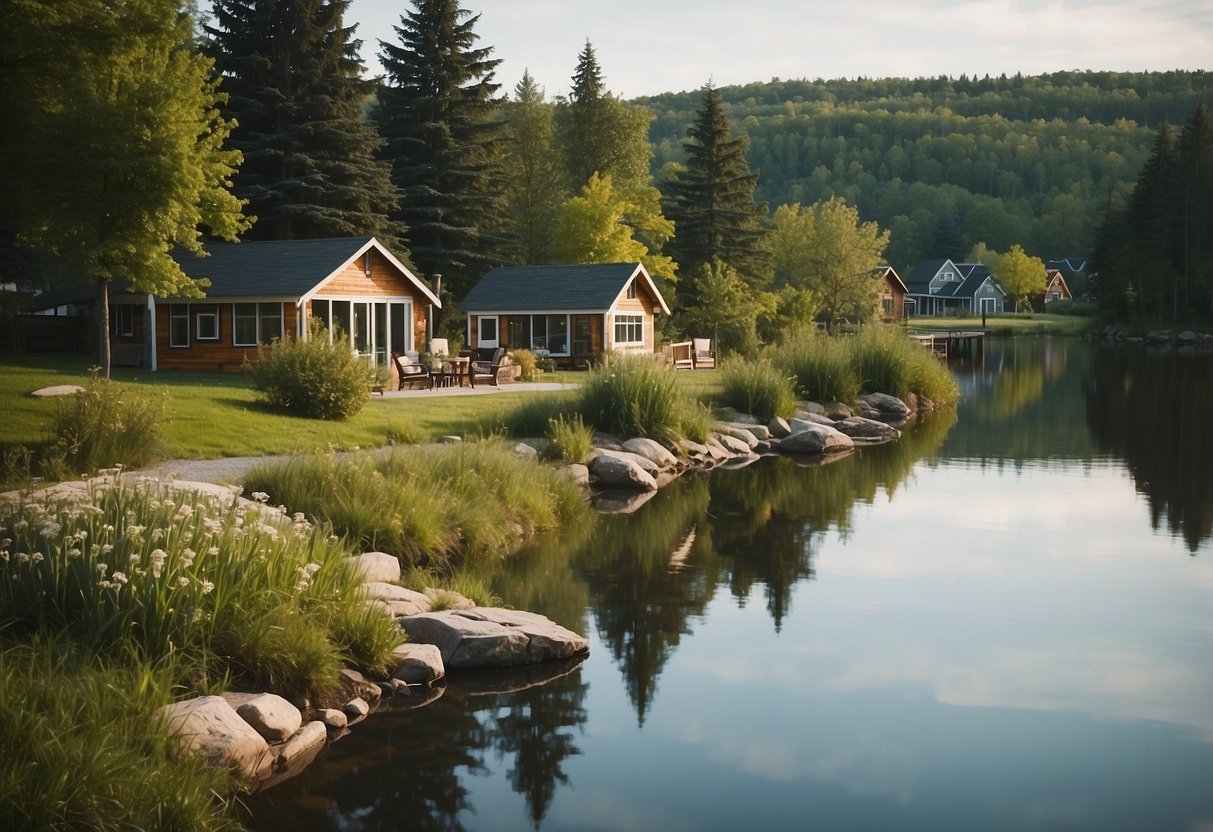 A serene landscape in an Ontario tiny home community, with quaint cottages nestled among lush greenery and a tranquil lake in the background