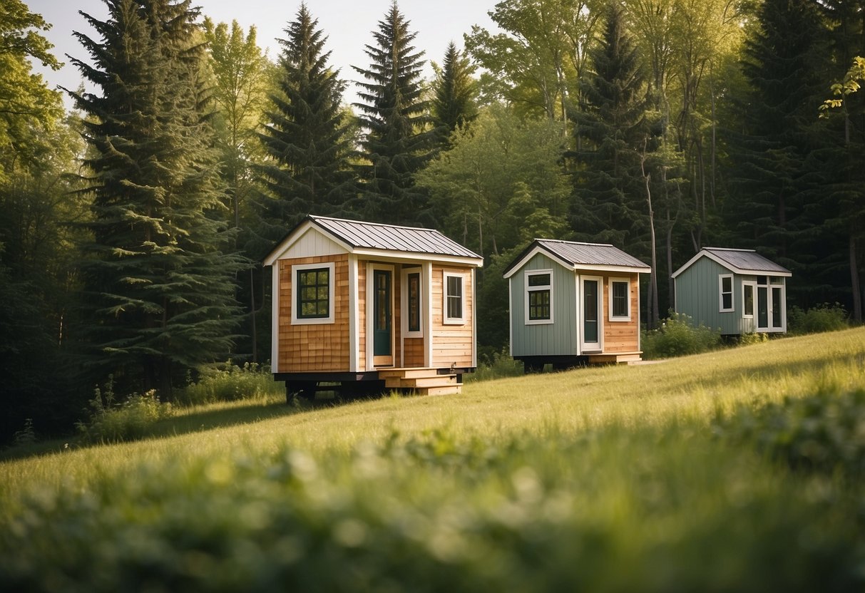 A cluster of tiny homes nestled among lush green trees in an Ontario, Canada community. Each home is uniquely designed and constructed, showcasing a variety of architectural styles and sustainable features