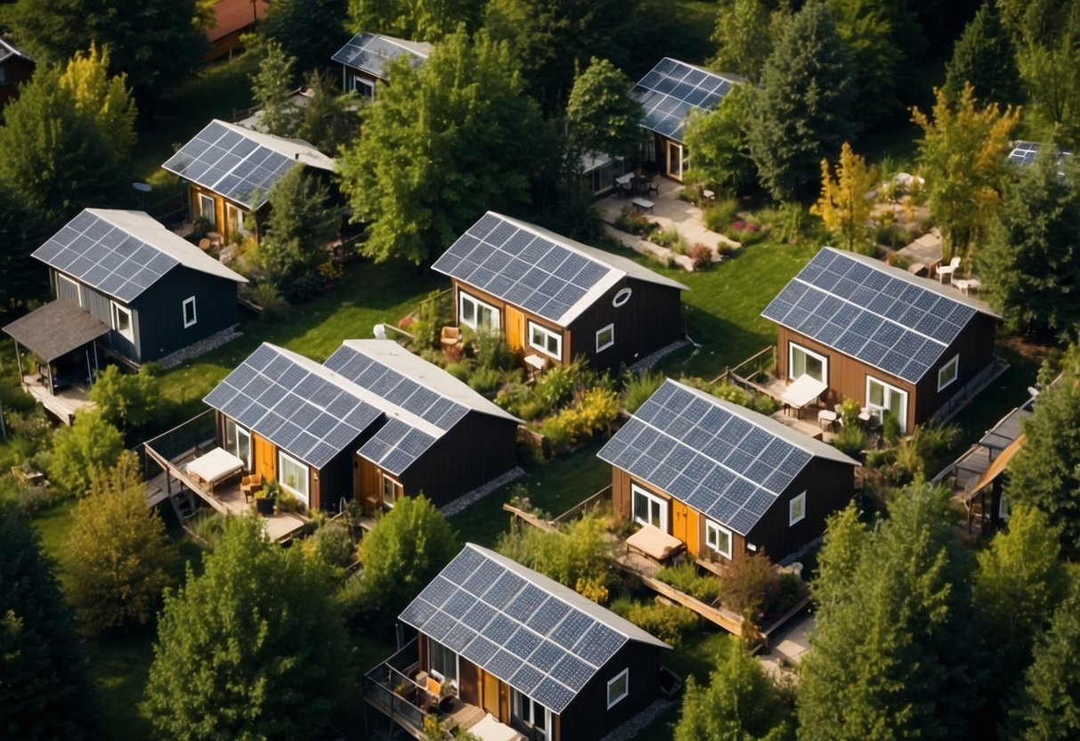 Aerial view of tiny homes nestled in a lush Ontario community. Solar panels on rooftops, communal garden, and shared amenities