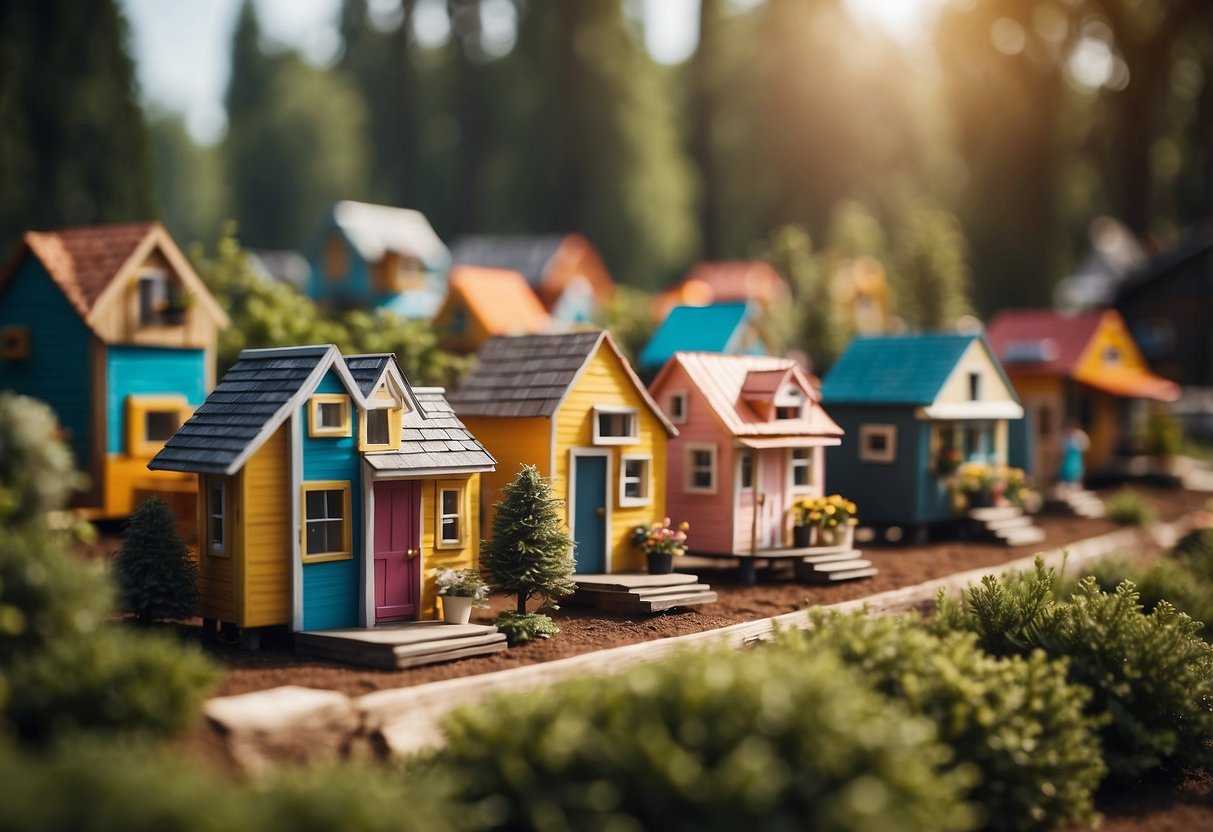 A cluster of colorful tiny homes nestled among trees with a central communal area and people engaging in various activities