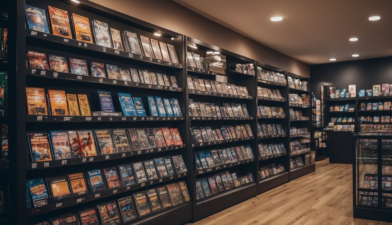 A sports card shop with shelves filled with various card packs, display cases showcasing rare cards, and customers browsing the selection