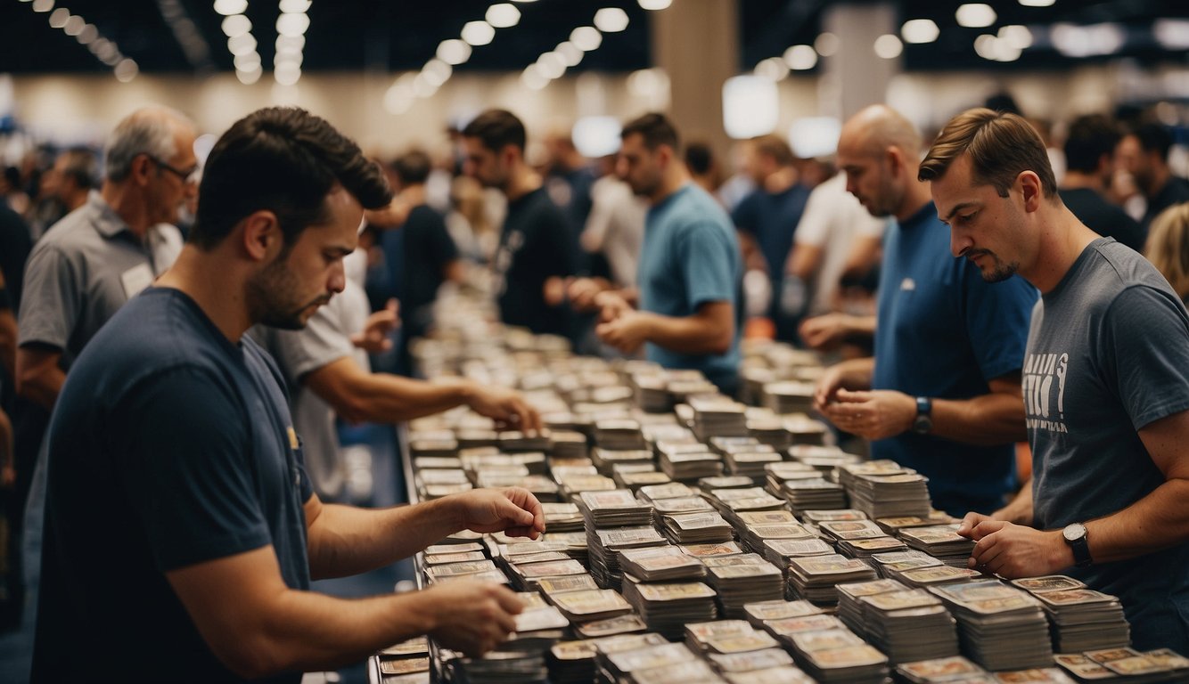 A bustling sports card convention with vendors displaying their collections, buyers inspecting cards, and enthusiasts discussing market trends