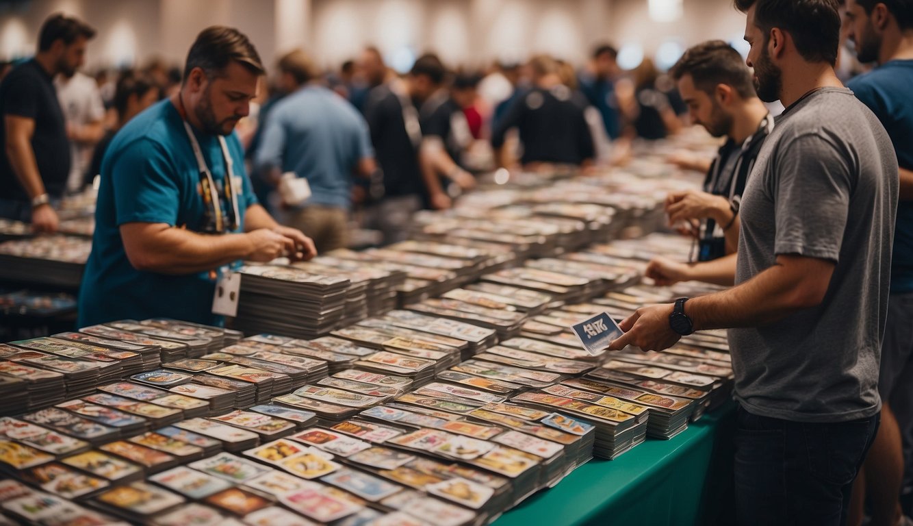 A crowded sports card convention with vendors displaying rare cards and collectors browsing for niche market finds