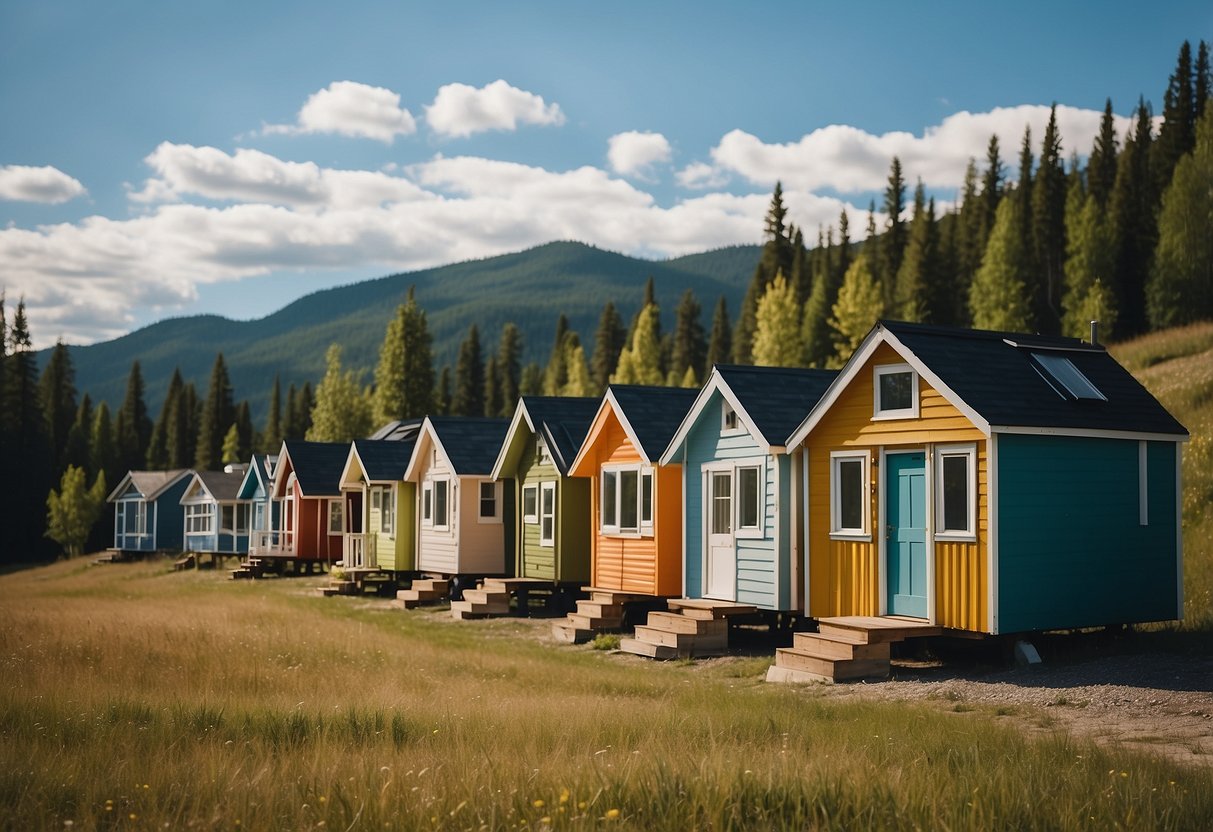 A cluster of colorful tiny homes nestled among trees in an Alberta community, with a backdrop of rolling hills and a clear blue sky