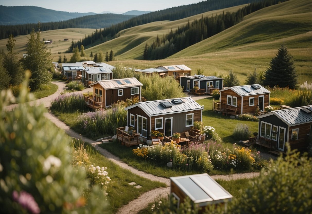 A cluster of tiny homes nestled among the rolling hills of Alberta, with vibrant gardens and communal gathering spaces