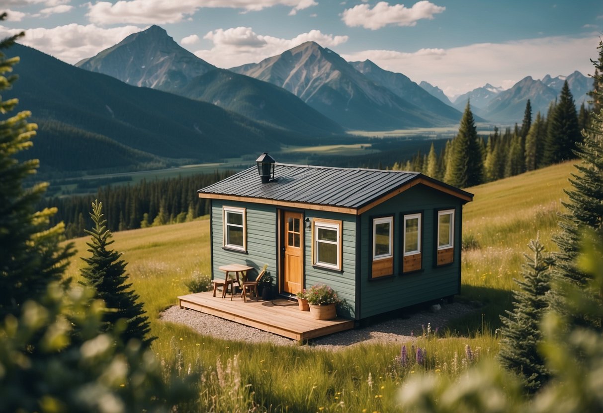 A cozy tiny home nestled in an Alberta community, surrounded by lush greenery and picturesque mountains in the distance