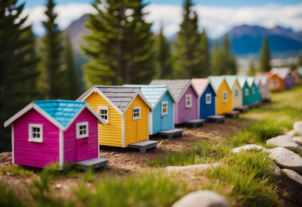 A row of colorful tiny homes nestled in a picturesque Alberta community, each uniquely designed and customized for sale