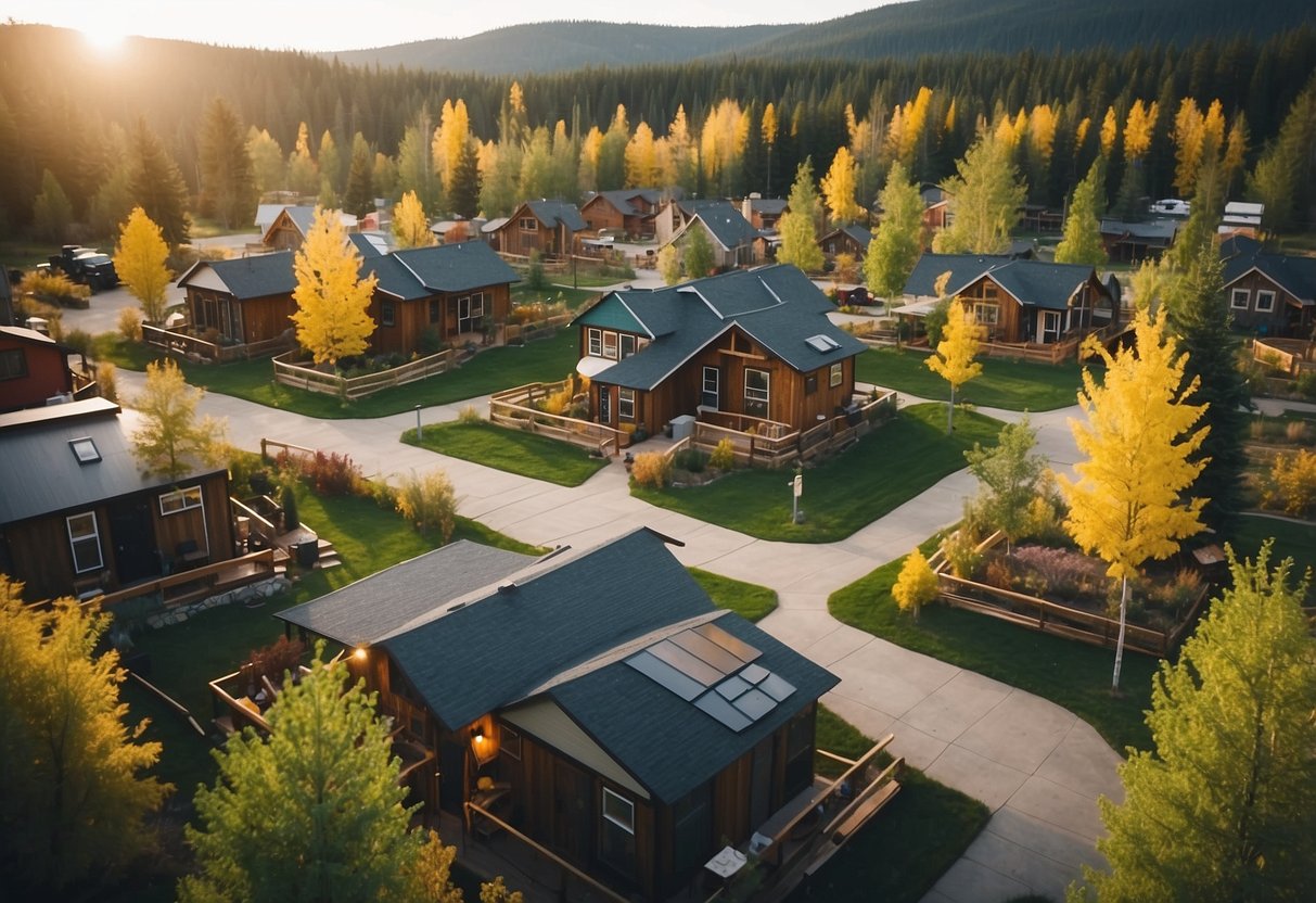 A bustling tiny home community in Alberta, with cozy cabins, communal gardens, and a central gathering area