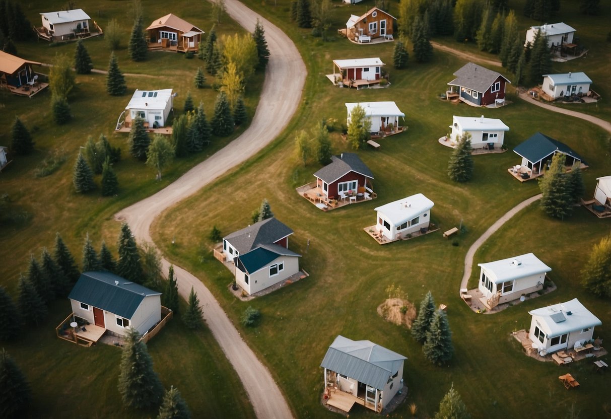 Aerial view of tiny homes clustered in a scenic Alberta community, with winding pathways and communal spaces