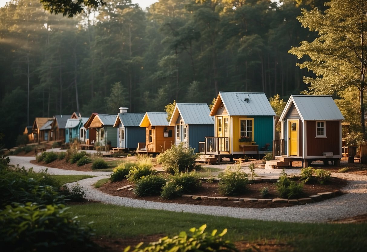 A cluster of colorful tiny homes nestled among the trees in a tranquil North Carolina community, with a central gathering space and winding pathways