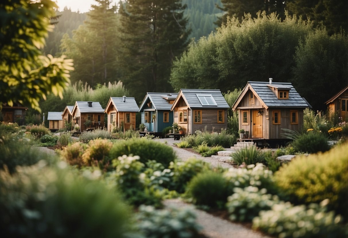 A serene landscape with rows of charming tiny homes nestled among lush greenery, with communal spaces and amenities creating a sense of community and belonging