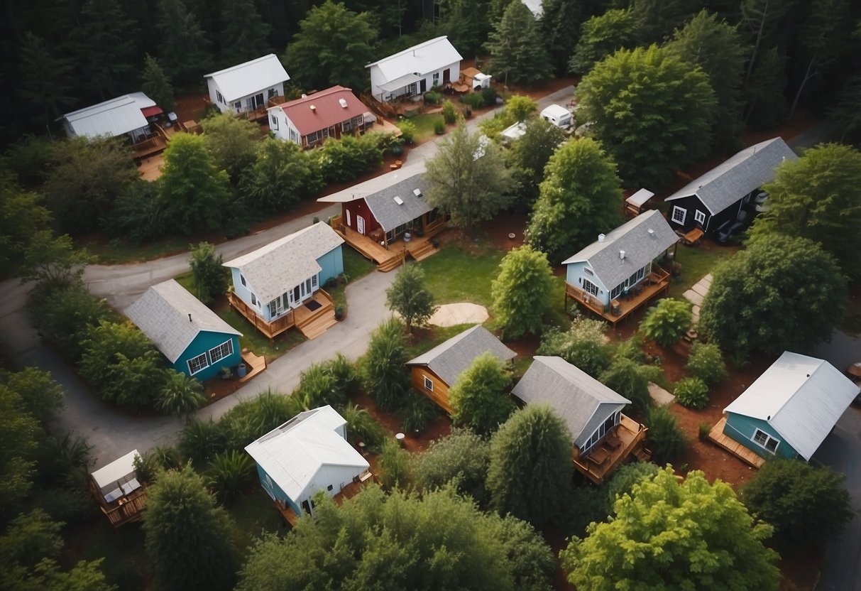 Aerial view of cozy tiny homes nestled in a lush North Carolina community, with communal spaces and greenery