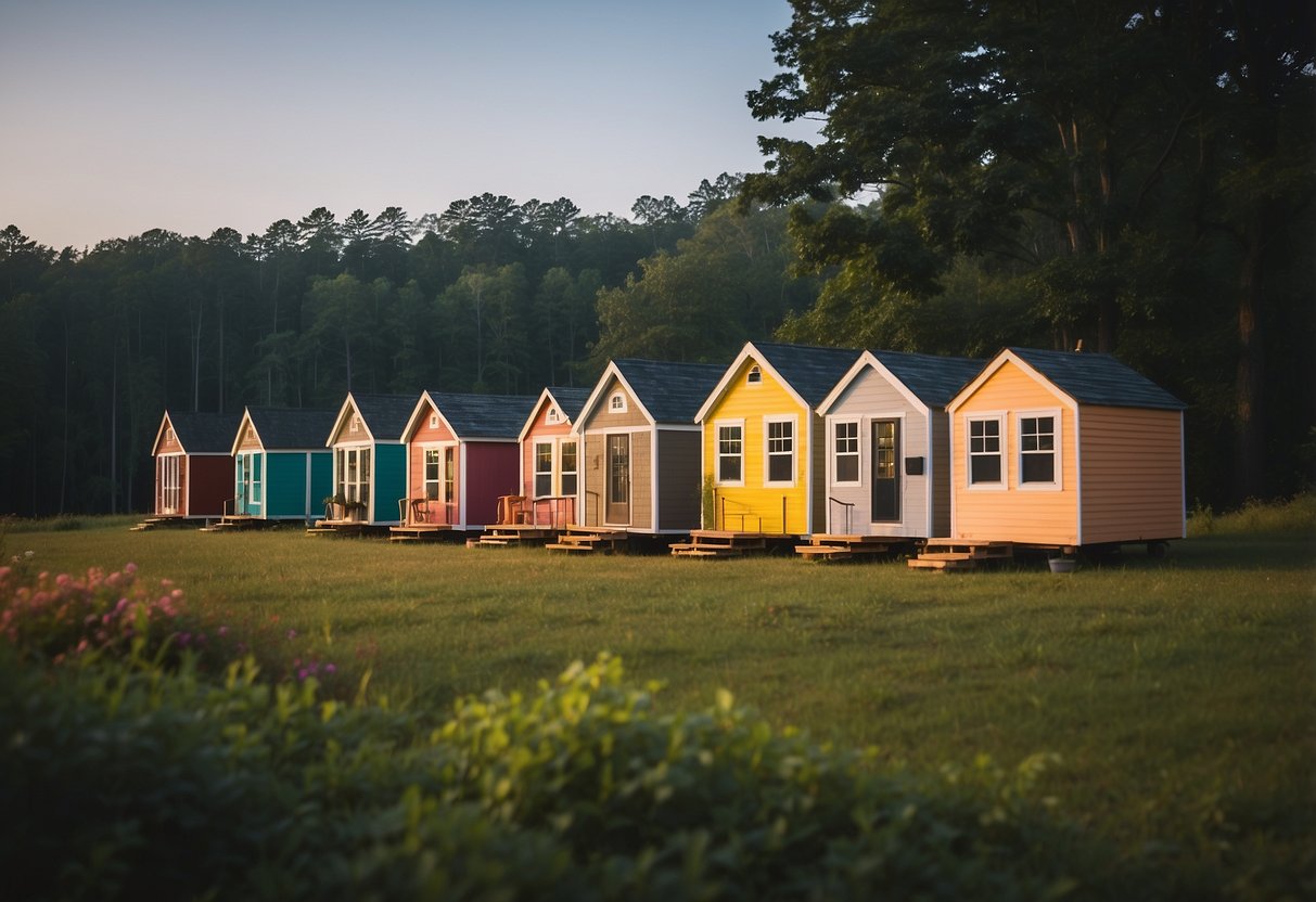 A row of colorful tiny homes nestled in a lush North Carolina community, each with unique design and customization