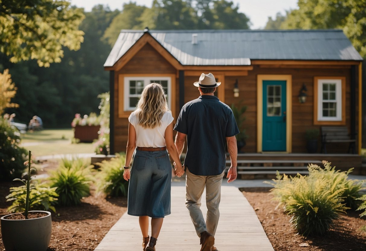 A couple walks through a vibrant tiny home community in NC, considering various options for sale. They chat with residents and explore communal spaces