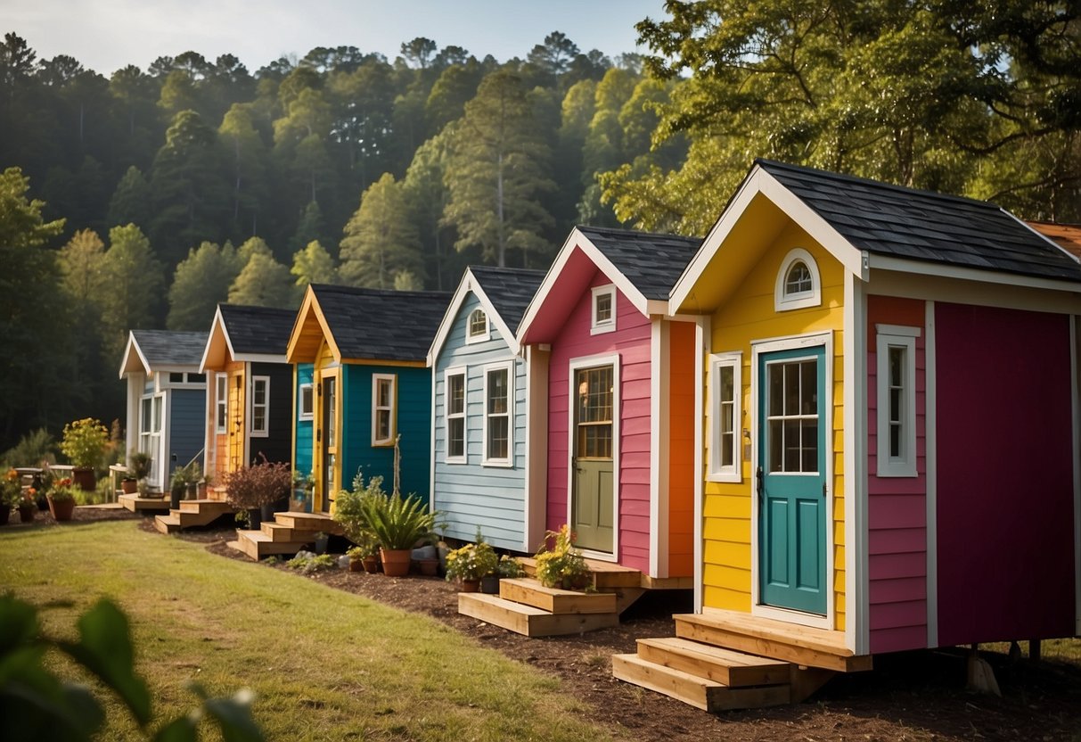 A row of colorful tiny homes nestled in a lush North Carolina landscape, with a community center and shared outdoor spaces