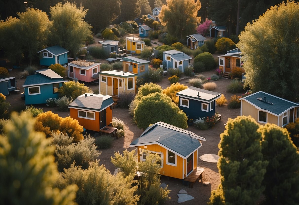 A cluster of colorful tiny homes nestled among tall trees in a California community, with winding pathways and communal spaces