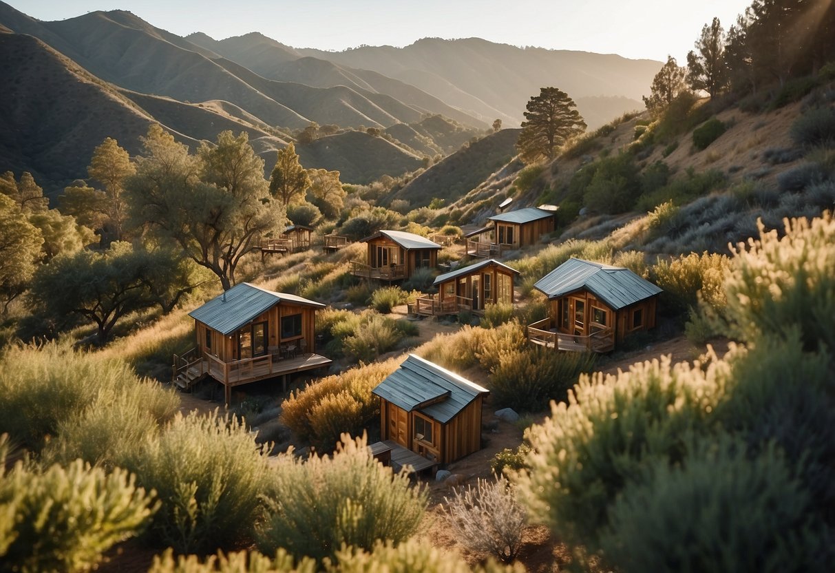 A serene California landscape with tiny homes nestled among lush greenery, showcasing communal areas and sustainable features