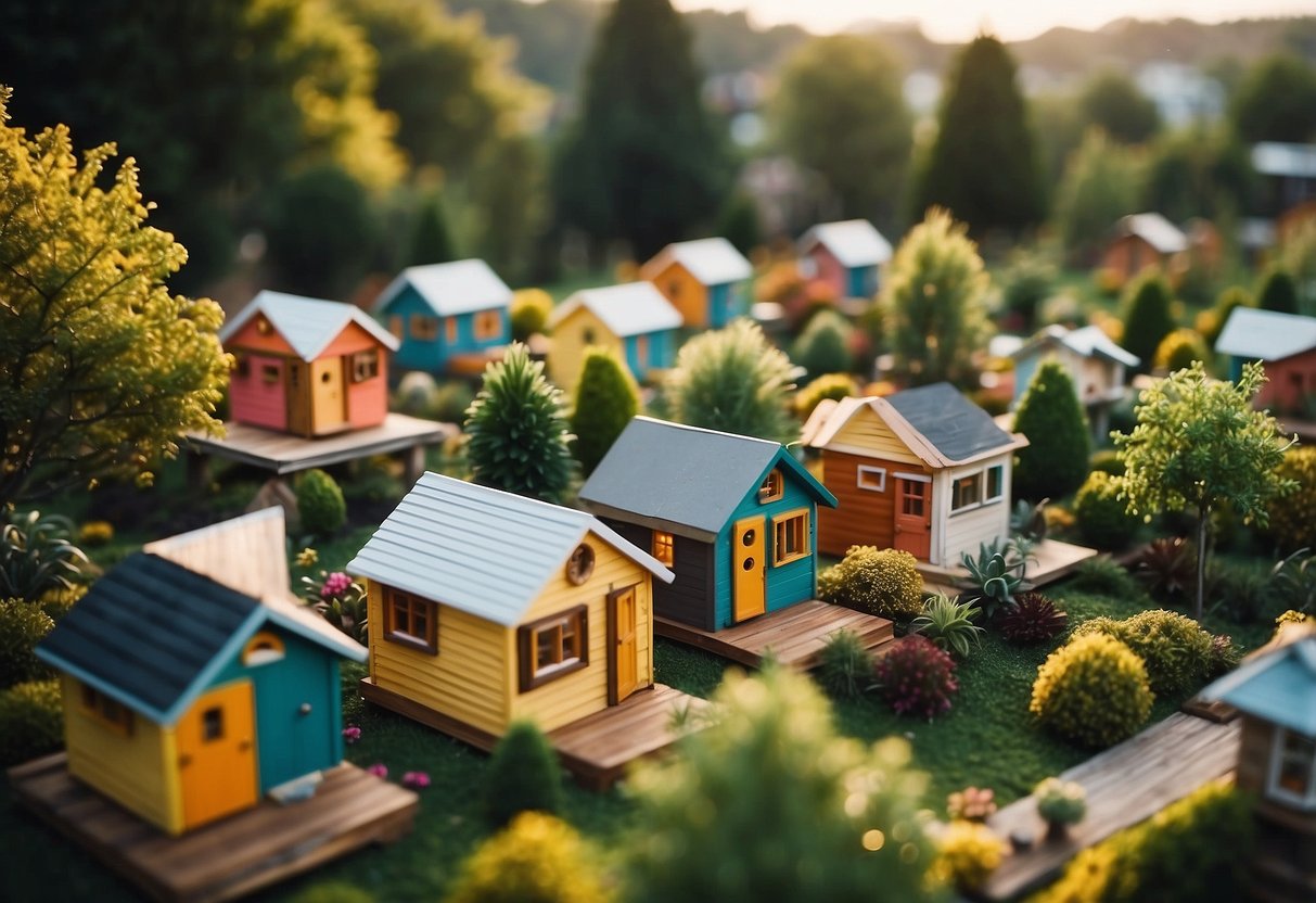 A cluster of colorful tiny homes nestled among trees, with communal gardens and a central gathering area, creating a cozy and sustainable community vibe