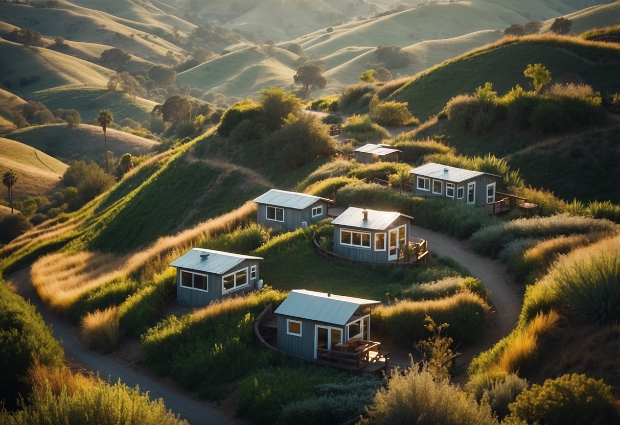 Aerial view of rolling hills with clusters of tiny homes in California, surrounded by lush greenery and winding pathways