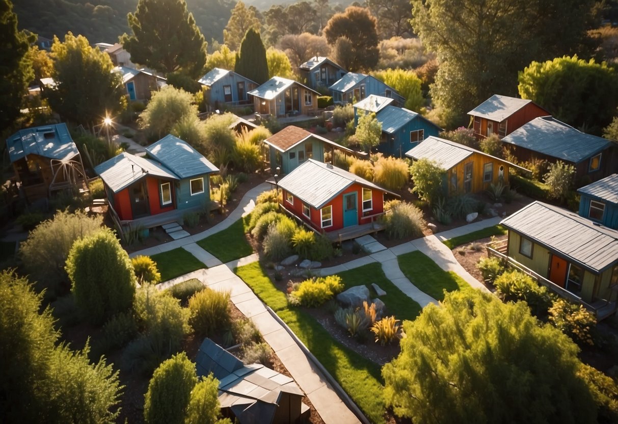 Aerial view of tiny homes nestled in a California community, surrounded by lush greenery and winding pathways. Sunshine illuminates the colorful facades and communal gathering spaces