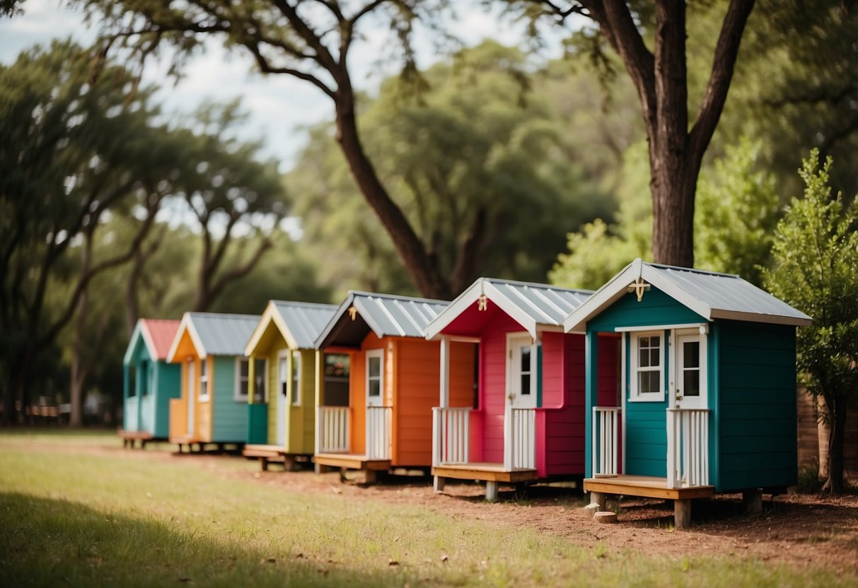 A row of colorful tiny homes nestled among trees in a Texas community for sale