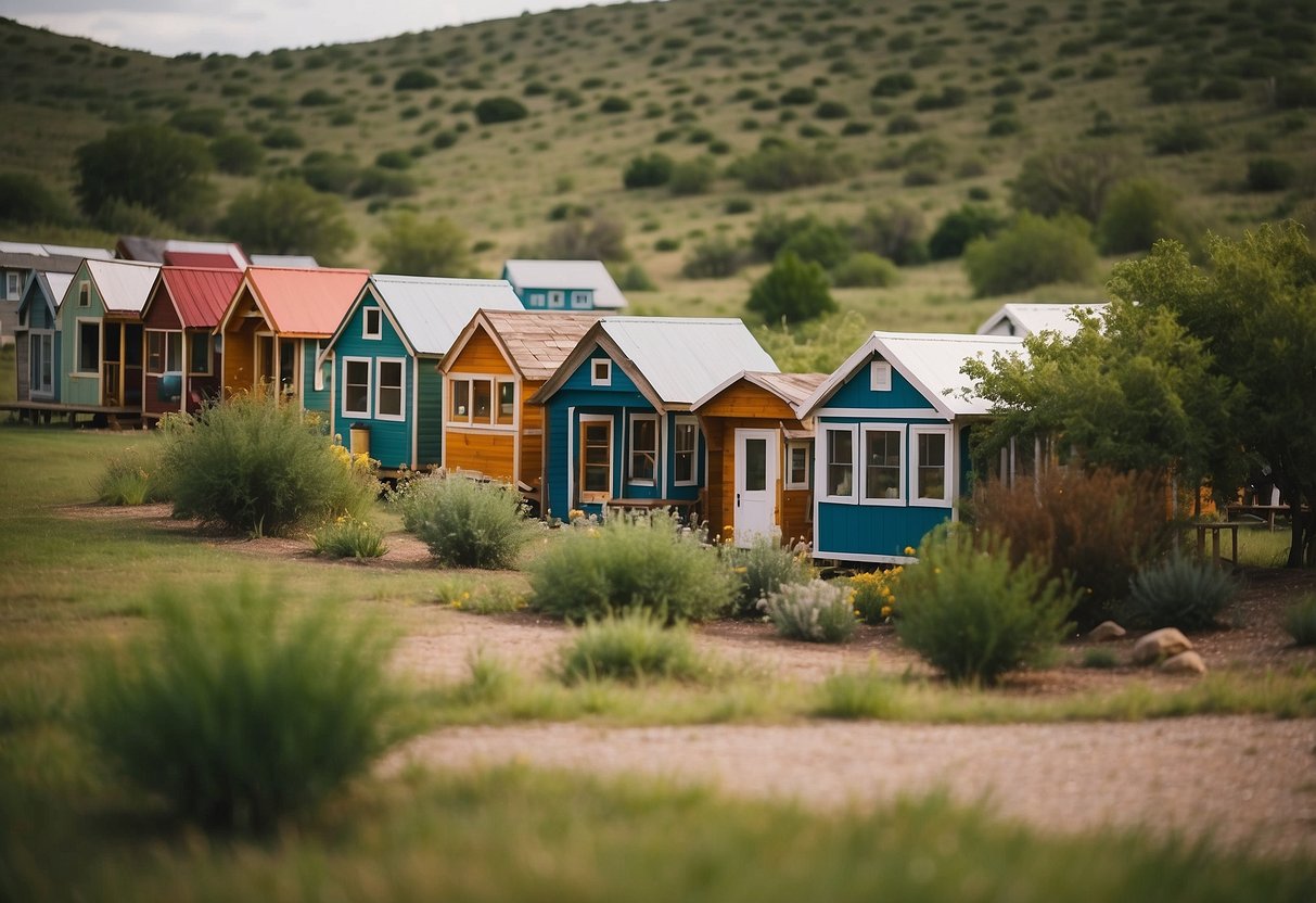 A cluster of colorful tiny homes nestled among the rolling hills of a Texas landscape, with communal gardens and cozy outdoor gathering spaces