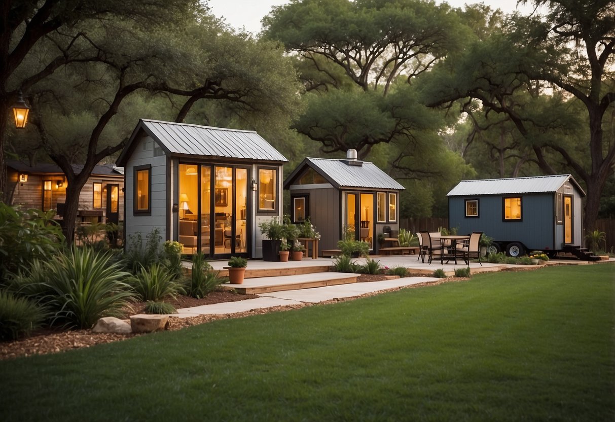 A variety of tiny homes nestled in a lush Texas landscape, with communal spaces and amenities, creating a sense of community and connection