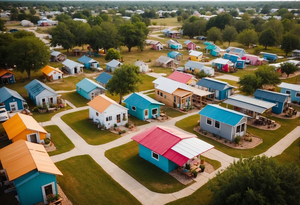 Aerial view of Texas tiny home communities for sale, with rows of colorful houses and communal spaces