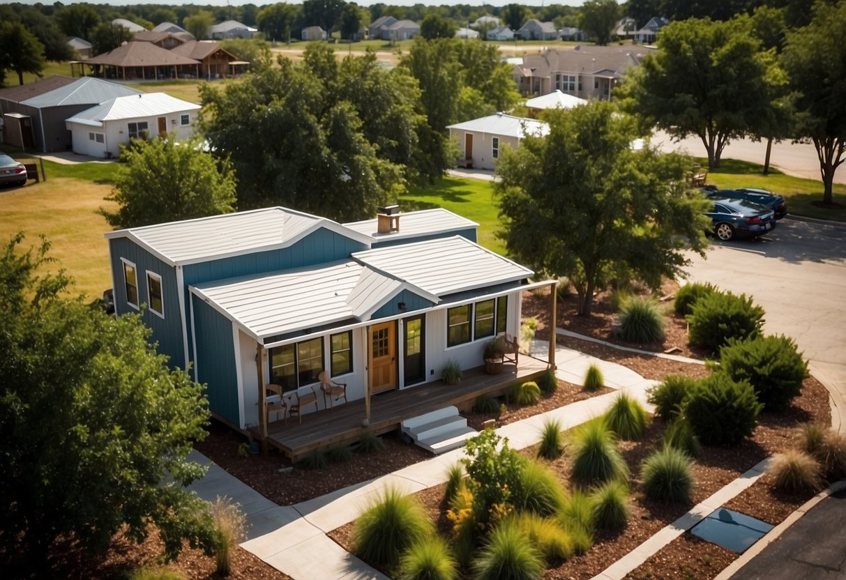 Aerial view of Texas tiny home communities, showcasing diverse designs and features. Homes are nestled within a natural landscape, with communal spaces and amenities