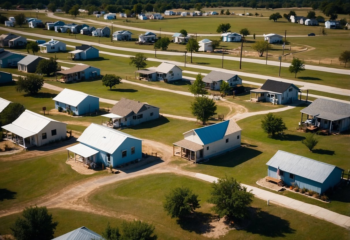 Aerial view of Texas tiny home communities with for sale signs and communal spaces