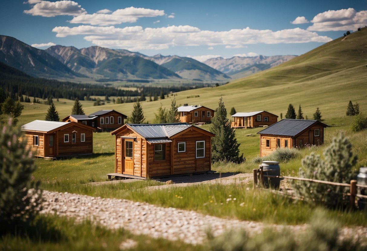 A cluster of cozy tiny homes nestled among the rolling hills of Wyoming, with a backdrop of rugged mountains and clear blue skies