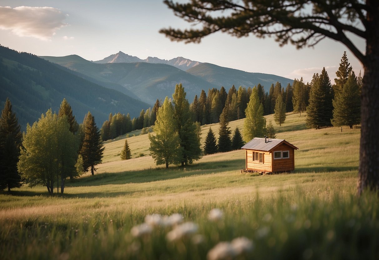 A serene Wyoming landscape with cozy tiny homes nestled among rolling hills and surrounded by nature, showcasing the benefits of community living in a picturesque setting