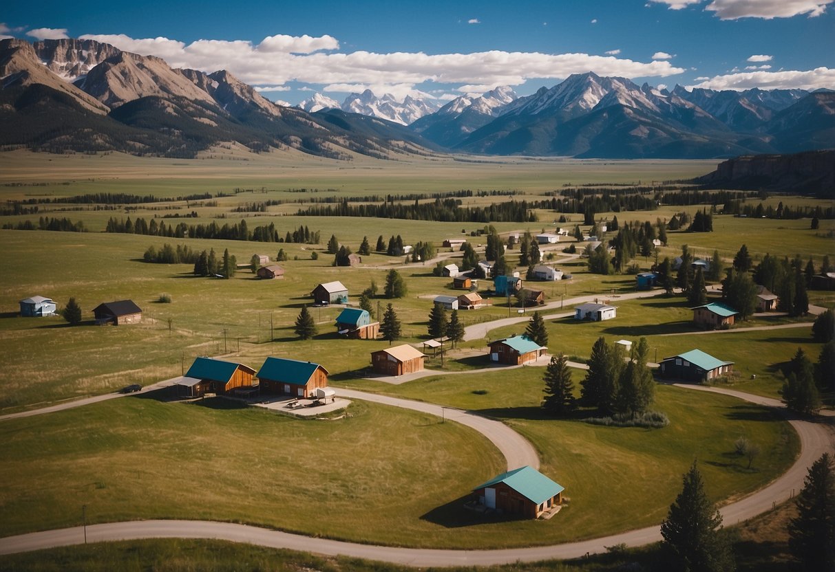 Aerial view of Wyoming's tiny home communities for sale, nestled in picturesque landscapes with clear blue skies and snowy mountain peaks in the distance