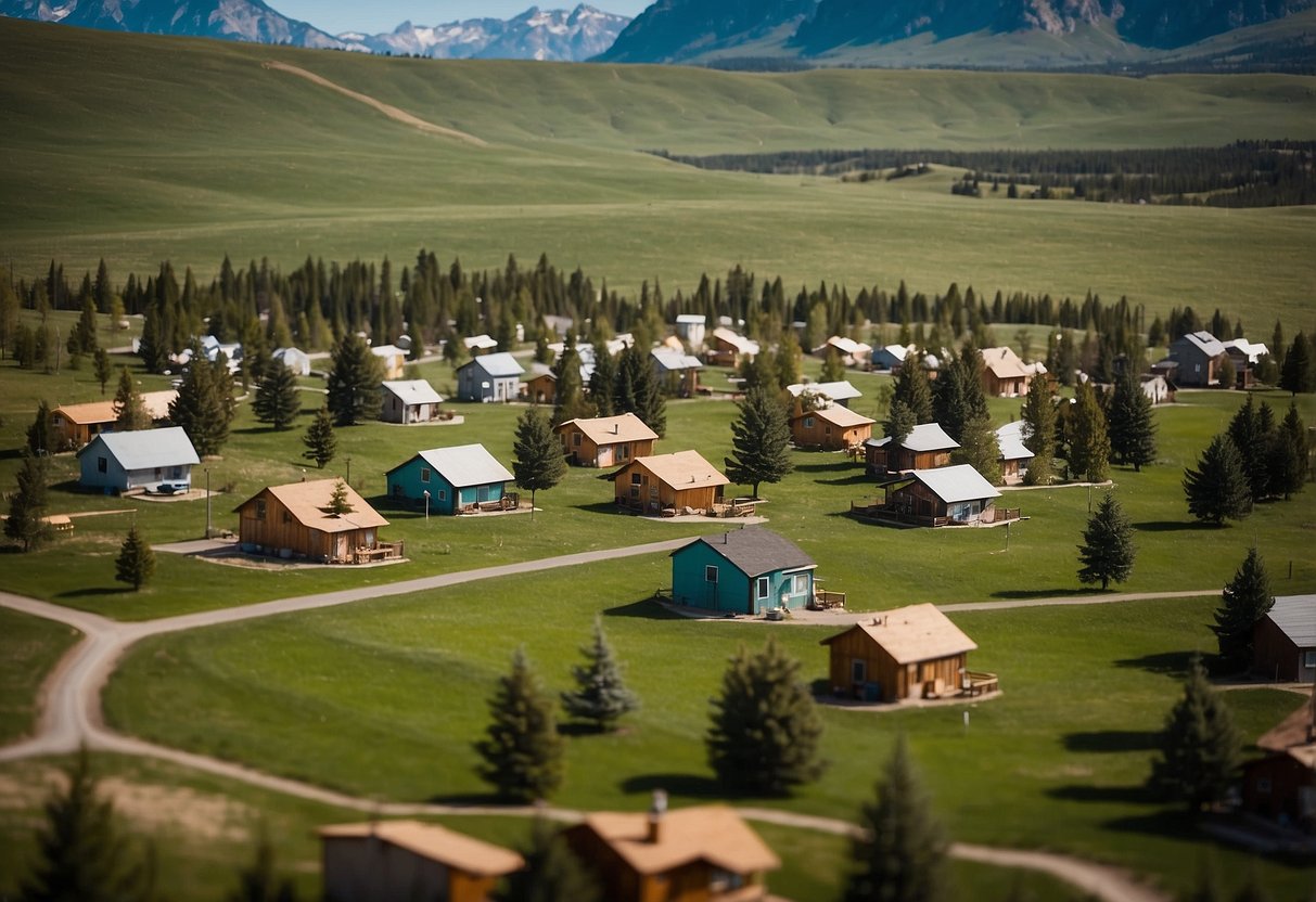 Aerial view of cozy tiny homes nestled in scenic Wyoming communities for sale