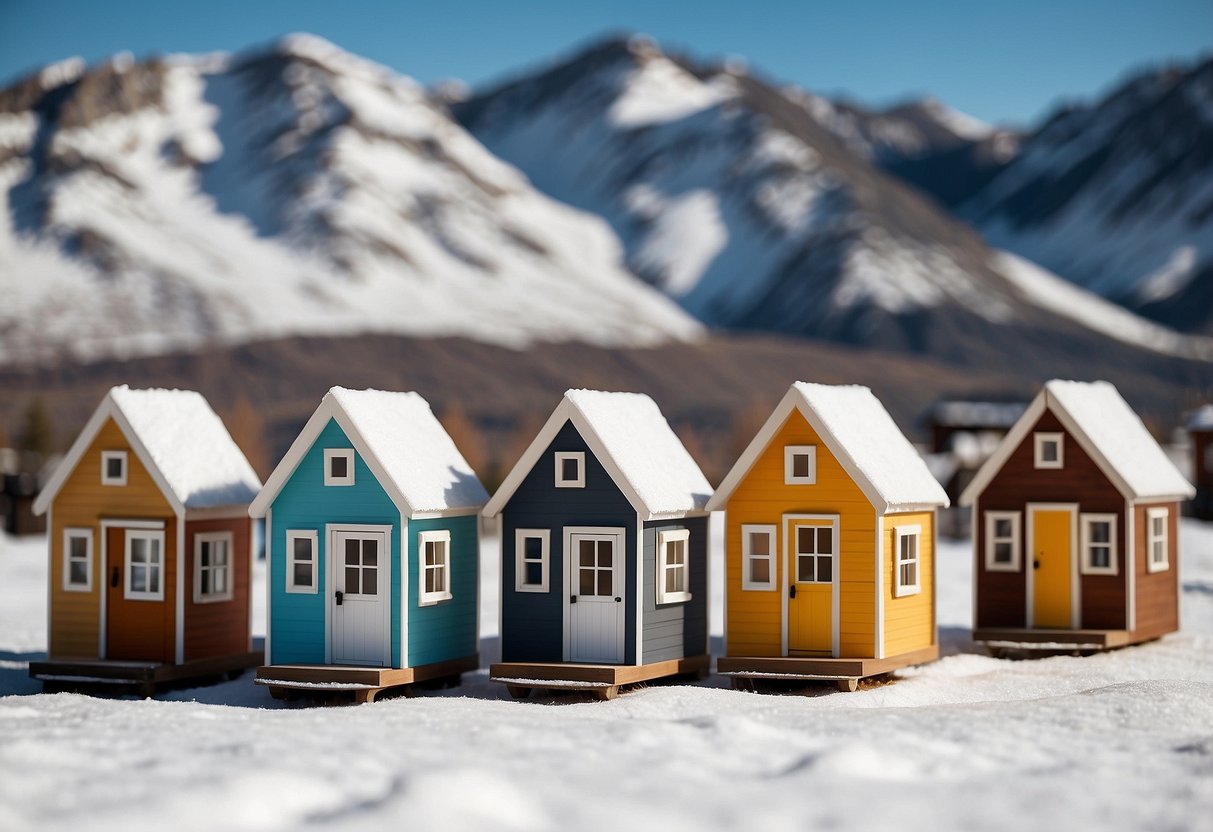 A row of charming tiny homes nestled in the picturesque Wyoming landscape, with snow-capped mountains in the background and a clear blue sky above