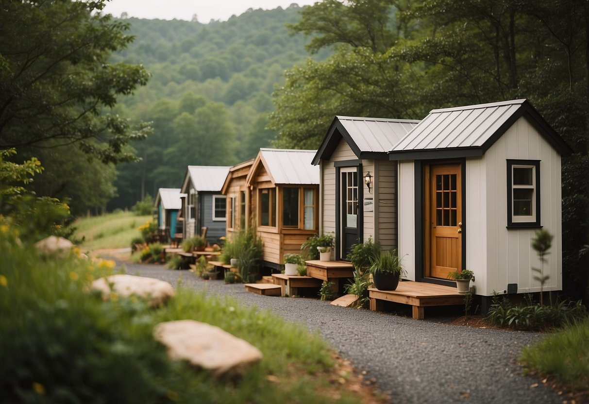 A cluster of cozy tiny homes nestled among the rolling hills of upstate SC, surrounded by lush greenery and winding pathways