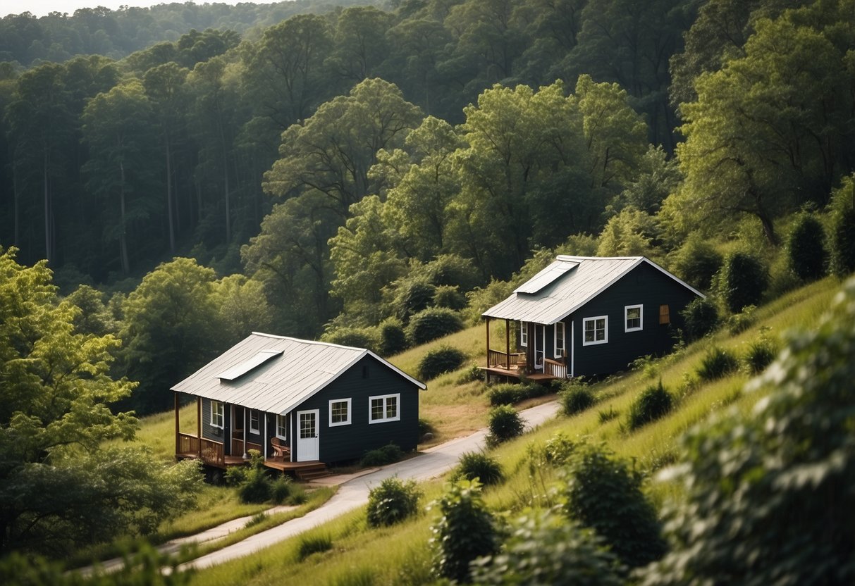 A serene landscape with rolling hills, lush greenery, and charming tiny homes nestled among the trees in a tight-knit community in Upstate South Carolina