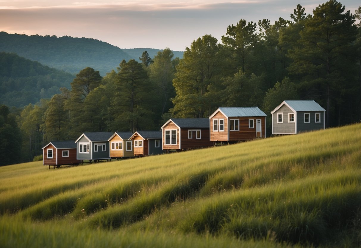 A cluster of tiny homes nestled among the rolling hills of Upstate SC, surrounded by lush greenery and a tranquil atmosphere