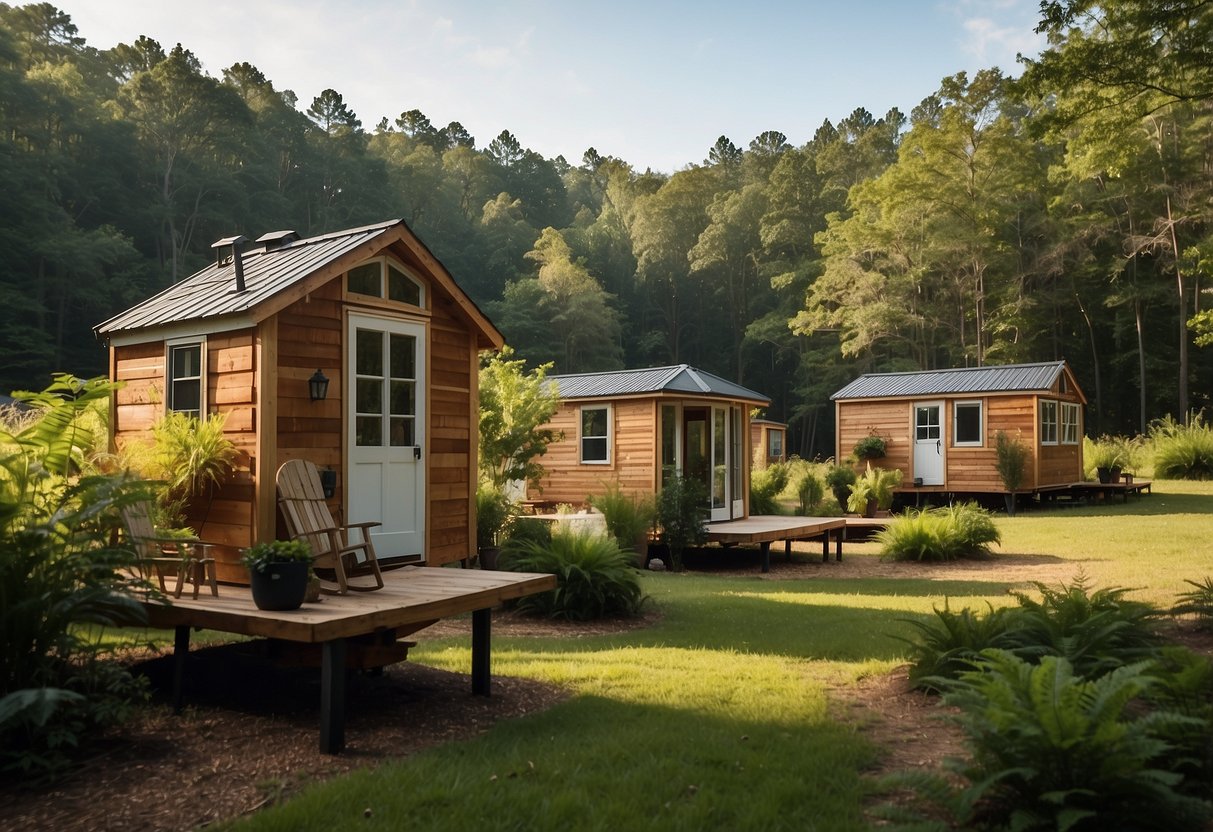 A cluster of tiny homes nestled in the lush greenery of upstate SC, with communal spaces, gardens, and outdoor amenities