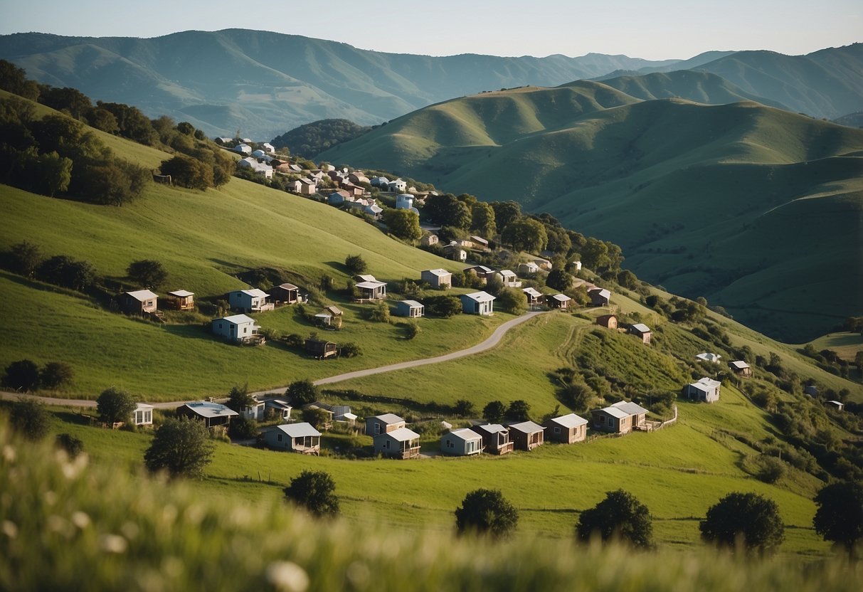 A serene landscape with rolling hills and lush greenery, dotted with clusters of tiny homes nestled among the trees