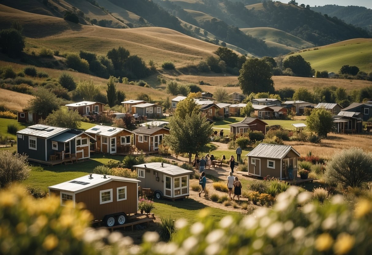 A cluster of tiny homes nestled among rolling hills, with communal spaces and gardens, residents chatting and enjoying the peaceful surroundings