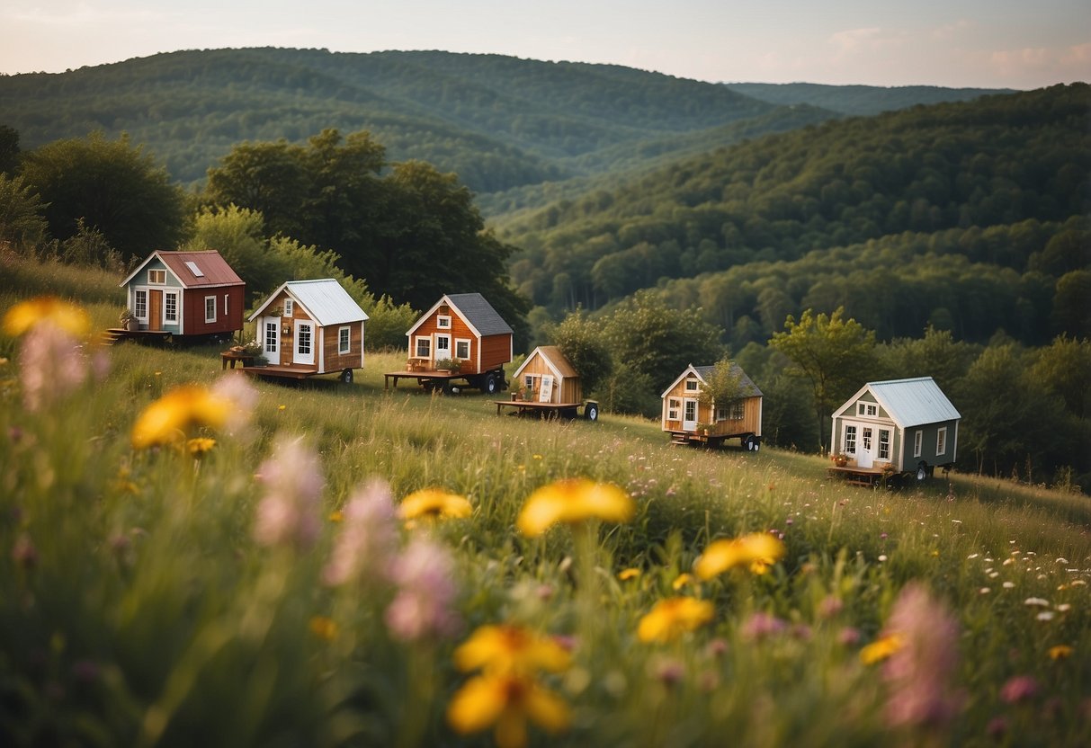 A cluster of charming tiny homes nestled in the rolling hills of Virginia, surrounded by lush greenery and blooming wildflowers