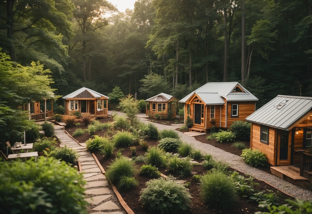 A cluster of tiny homes nestled among lush greenery in a serene Virginia community, with cozy porches and communal spaces