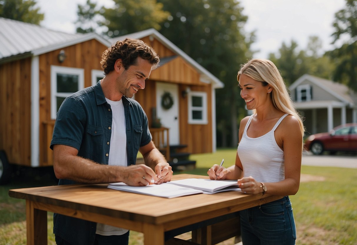 A couple signs paperwork for a tiny home in a vibrant Virginia community