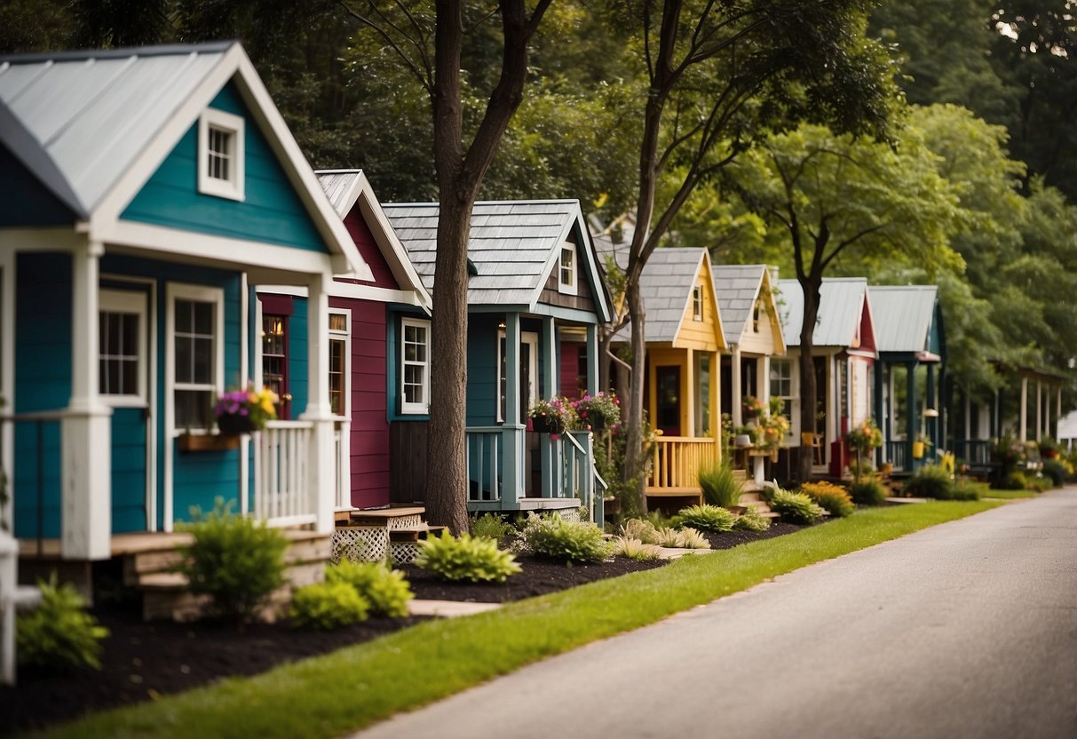 A row of charming tiny homes nestled in a lush Virginia community, with colorful facades and welcoming front porches