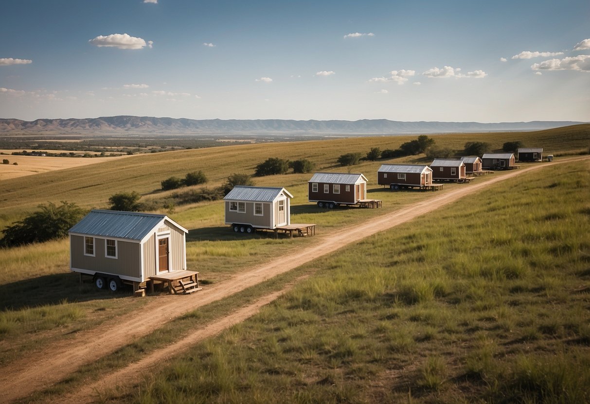 A cluster of tiny homes dot the Texas landscape, nestled among rolling hills and open fields, with "For Sale" signs marking available land for new community members