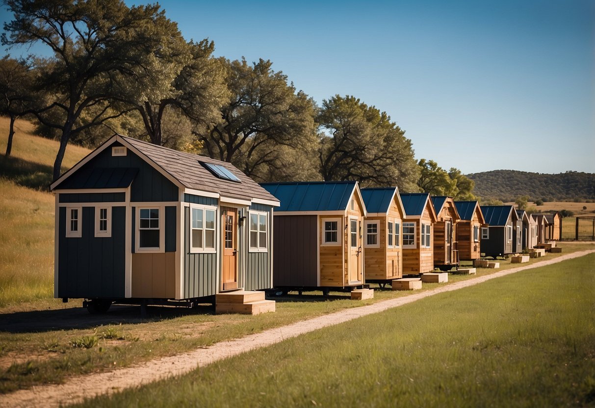 A group of tiny homes nestled on spacious plots in a Texas landscape, with rolling hills and clear blue skies, showcasing the potential for a thriving tiny home community